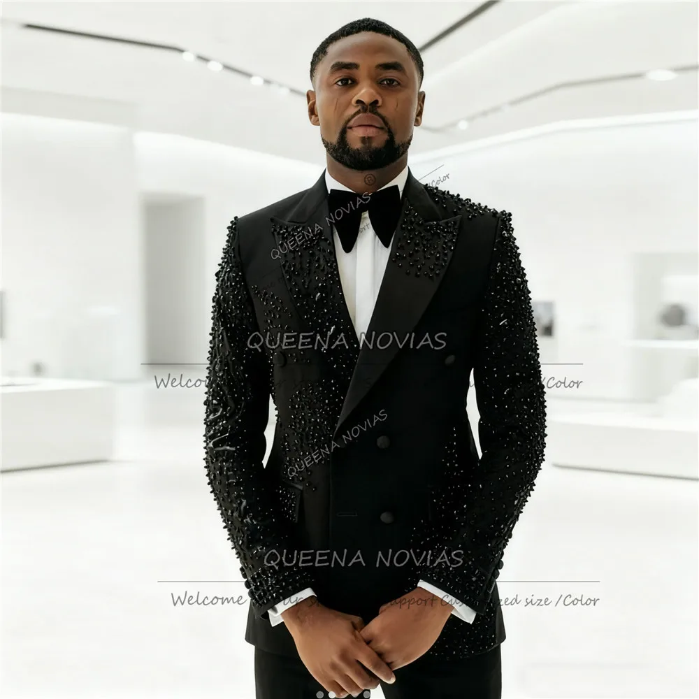 

Изысканный костюм с камнями из бисера для мужчин, комплект из двух предметов, двубортный пиджак, брюки, свадебные смокинги для жениха, мужские пиджаки по индивидуальному заказу