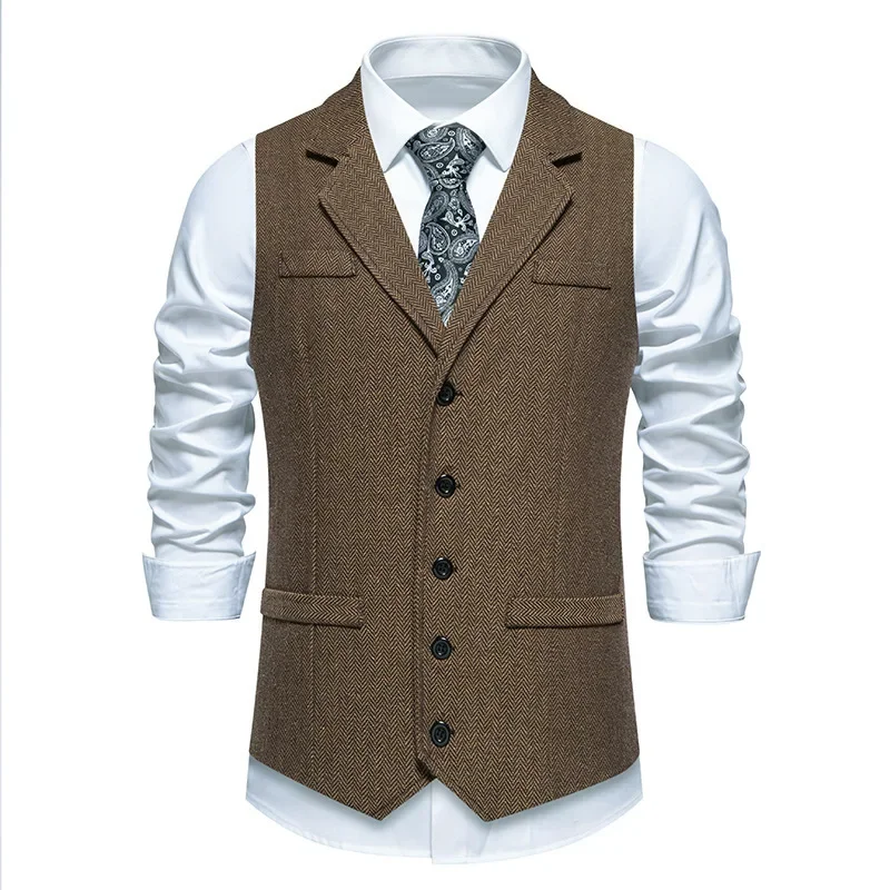 Men\'s Autumn and Winter New Fashion Herringbone Tweed Suit Vest Coat，Casual Vintage Lapel Single Breasted Solid Color Suit Vest