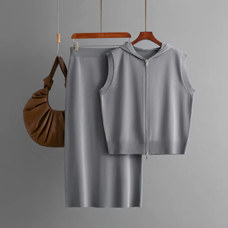Women's Outftis Summer Knitted Skirts 2 Pieces Set Basic Hooded Sweater Cardigan Sleeveless Zipper Elastic Waist Midi Skirt Sets