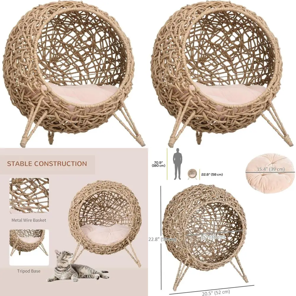 

Elevated Woven Banana Leaf Cat House with Cushion, Beige, 20.5