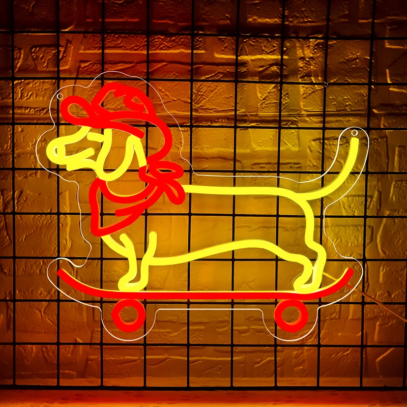 

Неоновая вывеска таксы для декора стен, катание на коньках, такса, неоновый свет с ковбойской шляпой, регулируемая яркость, светодиодный светильник для милой собаки