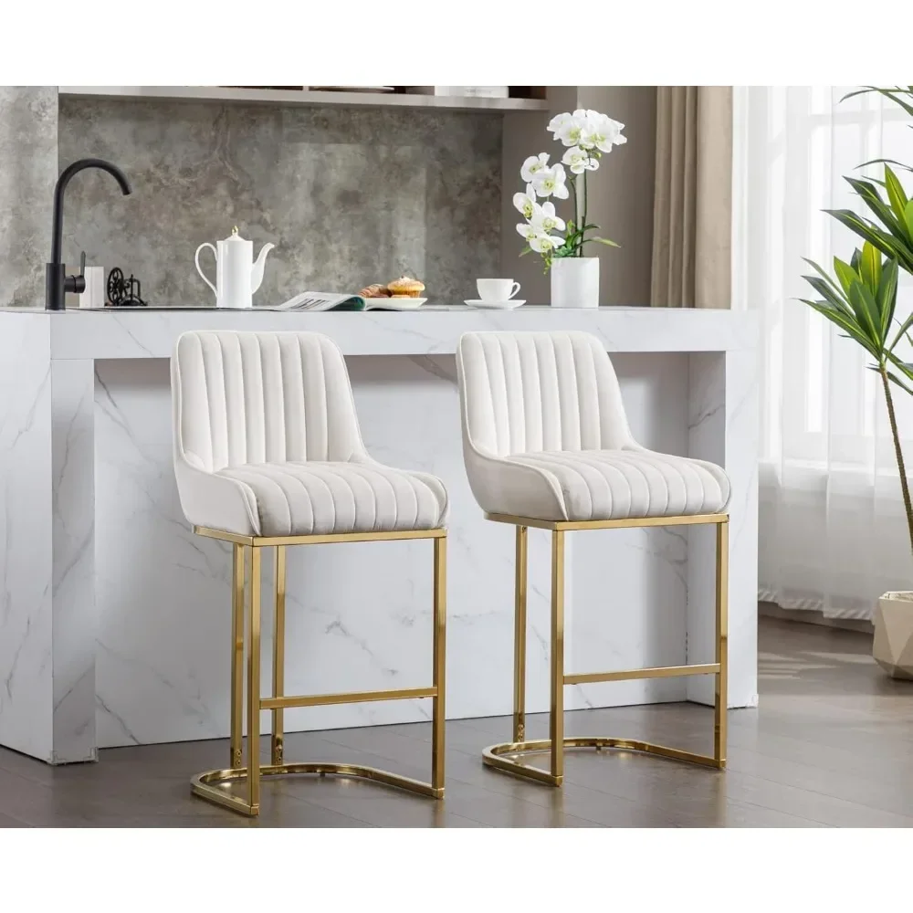 Counter Height Bar Stools Set of 2 with Back Modern Kitchen Counter Stools with Gold Legs Velvet Island Chairs Comfy Stripe