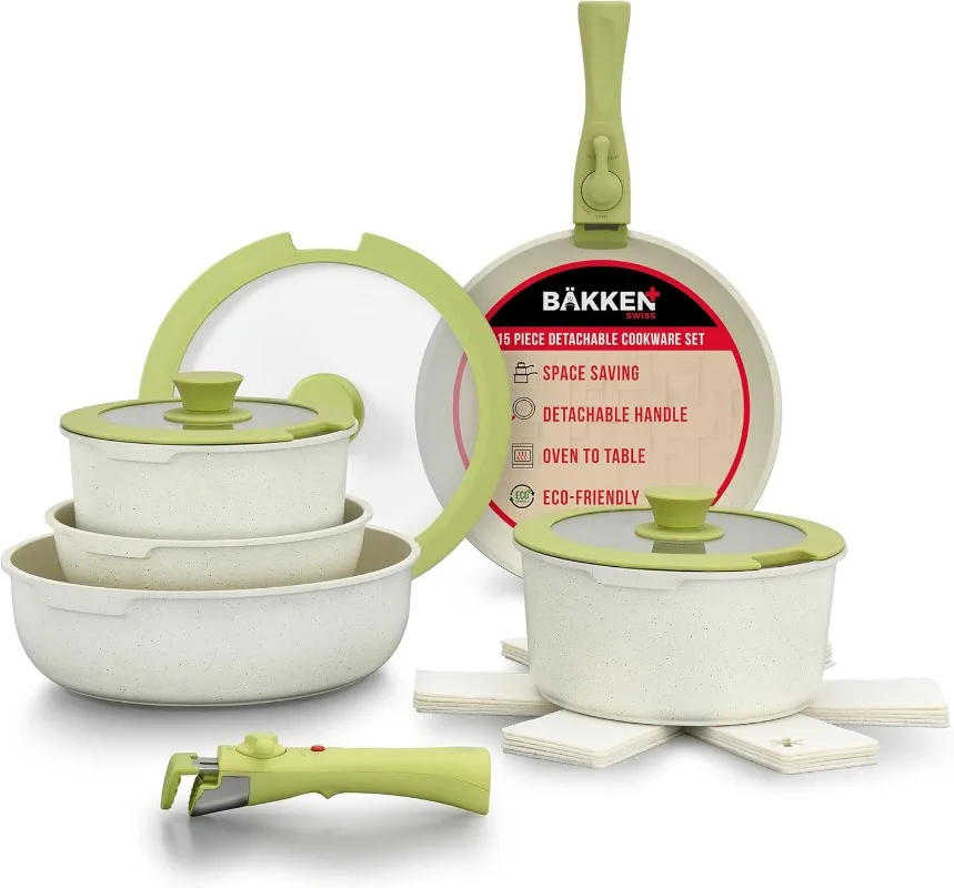 Bakken-Swiss Detachable 15-Piece Cookware Set Granite Non-Stick – Eco-Friendly stackable Removable Handles for All Stoves