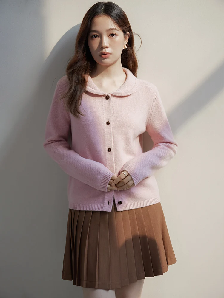 DUSHU Age-reducing Ballet Pink Sweater Cardigan for Women Winter New Style Shoulder 100% Wool Knitted Warm Jacket Female