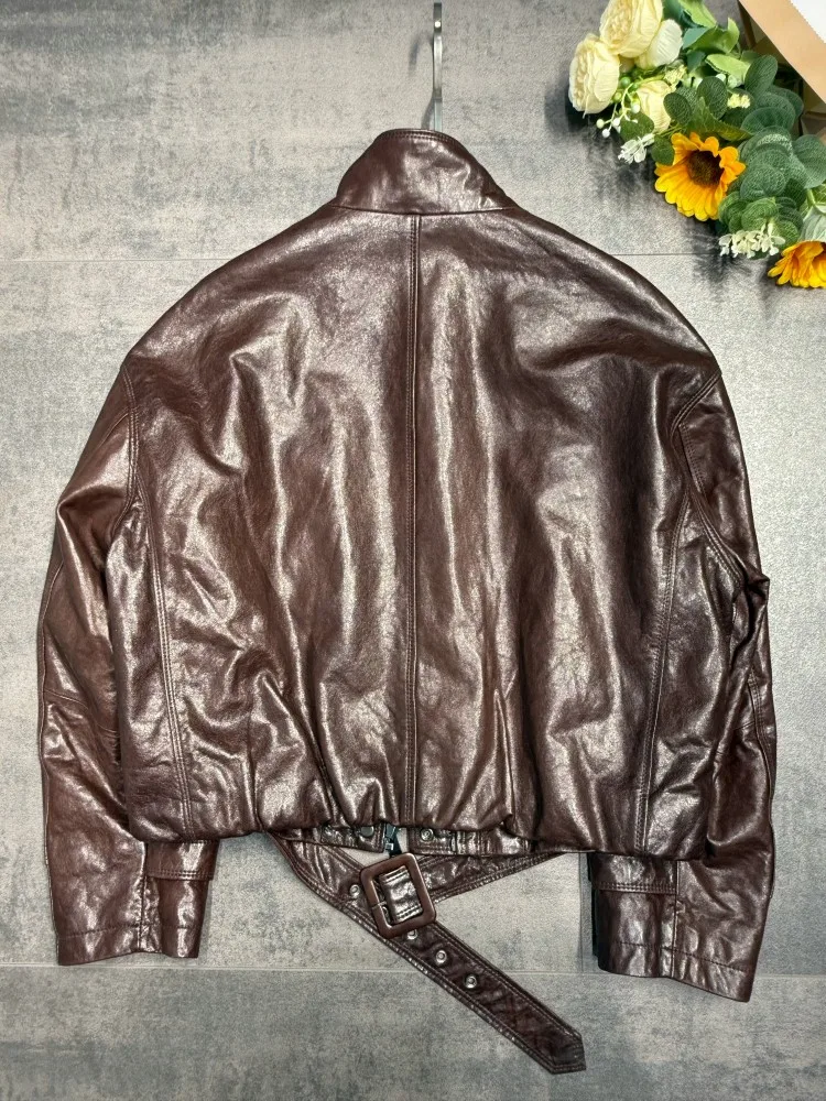 Fashion Women Motorcycle Style Stand Collar Adjustable Belt Jacket Windproof Real Sheepskin Genuine Leather Jacket Biker Outwear