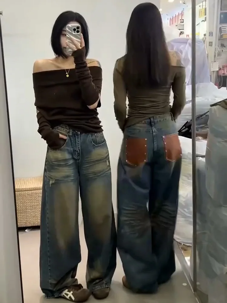 

American Style Vintage Faded Pattern High Waist Straight Leg Denim Jeans Women's Loose Wide Leg Pants Long Trousers