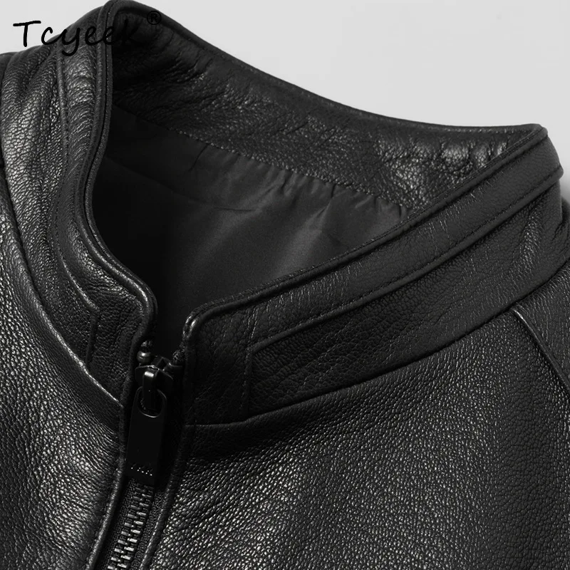 Tcyeek Top Layer Goatskin Real Leather Jacket Men Clothes Autumn Mens Coats Motocycle Coat Trendy Stand Collar Jaqueta De Couro