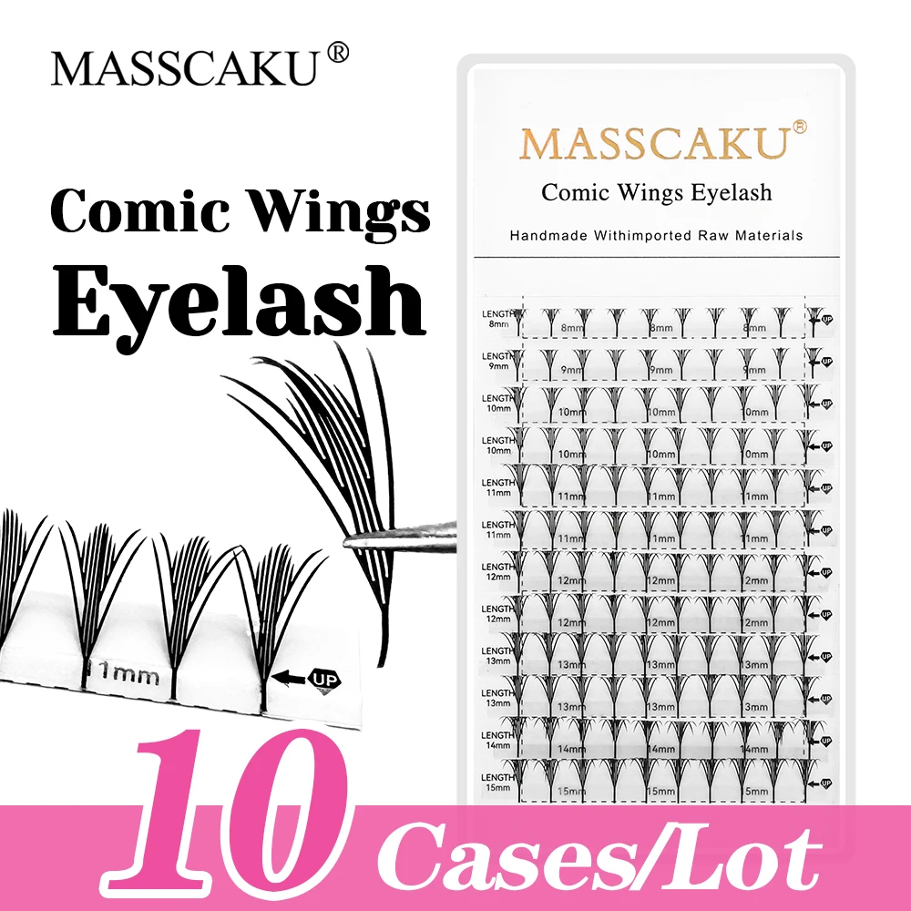 10cases/lot MASSCAKU 8-15mm Mix Size Fluffy Manga Anime Spire Style Lash Pointy Base Comic Wings Lashes without Scattering Roots