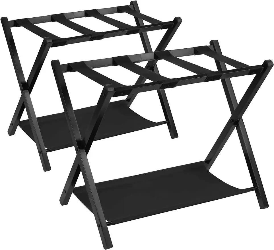  Luggage Rack Pack of 2 Steel Folding Suitcase Stand with Storage Shelf for Guest Room Bedroom Hotel Black