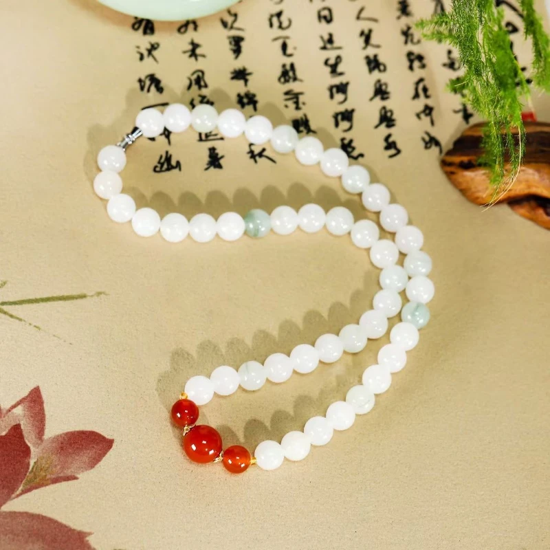 Natural gold silk jade Tianshan snow green with agate round bead set Tianshan green sweater chain bracelet jewelry