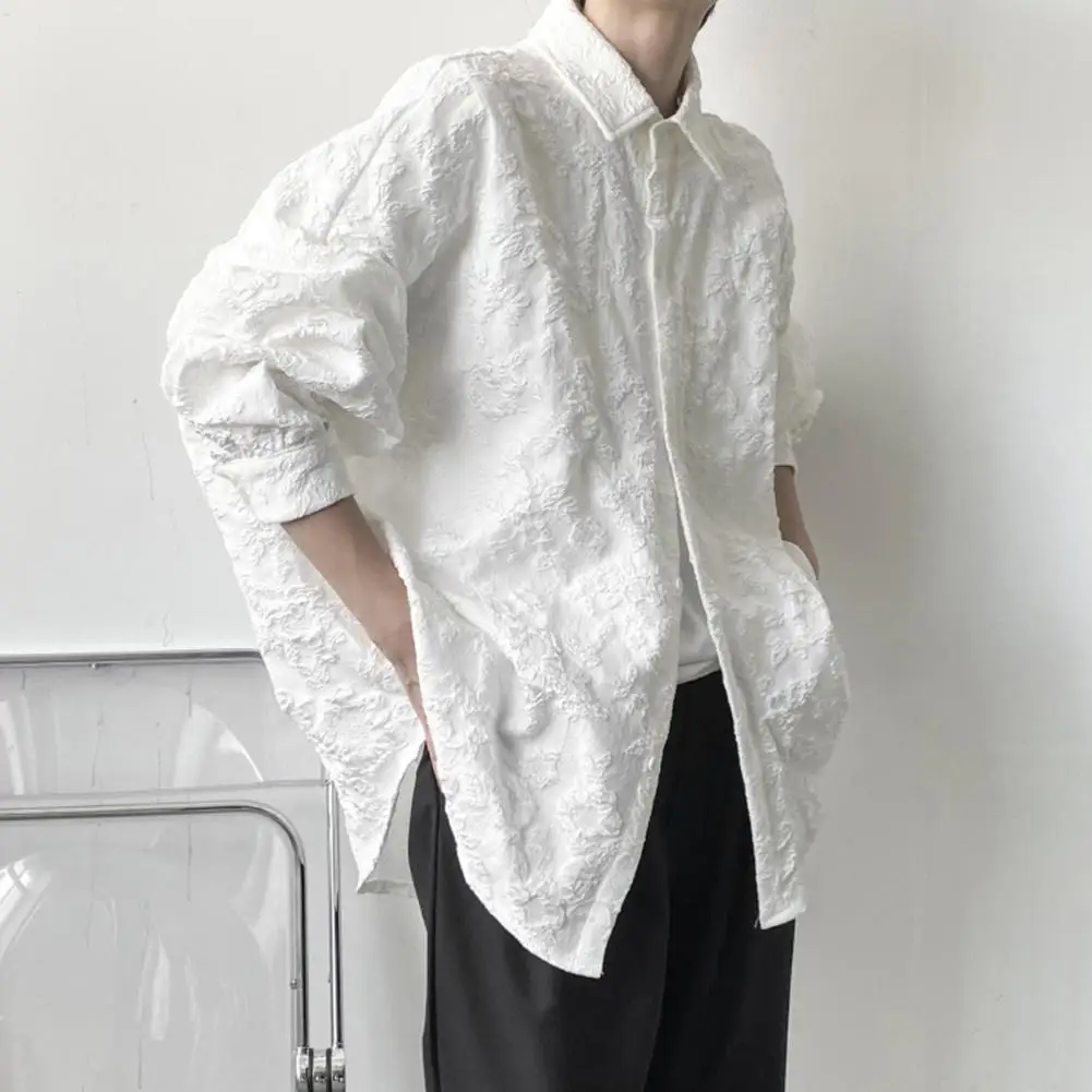 Männer dunklen Stil Hemd Blume Rilievo Button-Down lange Ärmel Männer Hemd Streetwear einfarbiges Hemd übergroße männliche Freizeit hemden