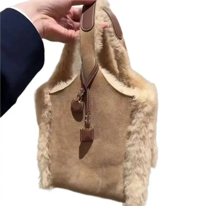 Bloom Vintage Khaki Plush Bucket Women Matte Large Capacity Shoulder Bags Ladies Fashion Casual Versatile Handbag 2025