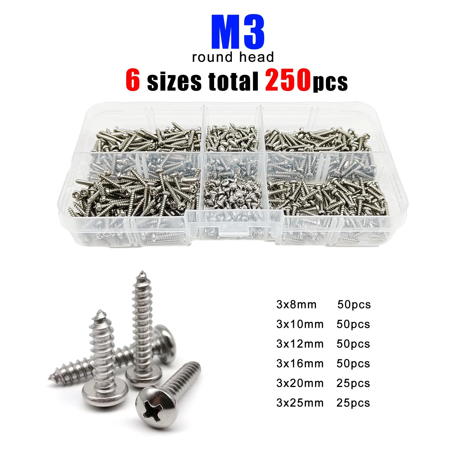 Phillips Flat Countersunk Round Pan Head Self Tapping Wood Screw Mix 6 Sizes M2 M3 Assortment Set Kit 304 A2-70 Stainless Steel