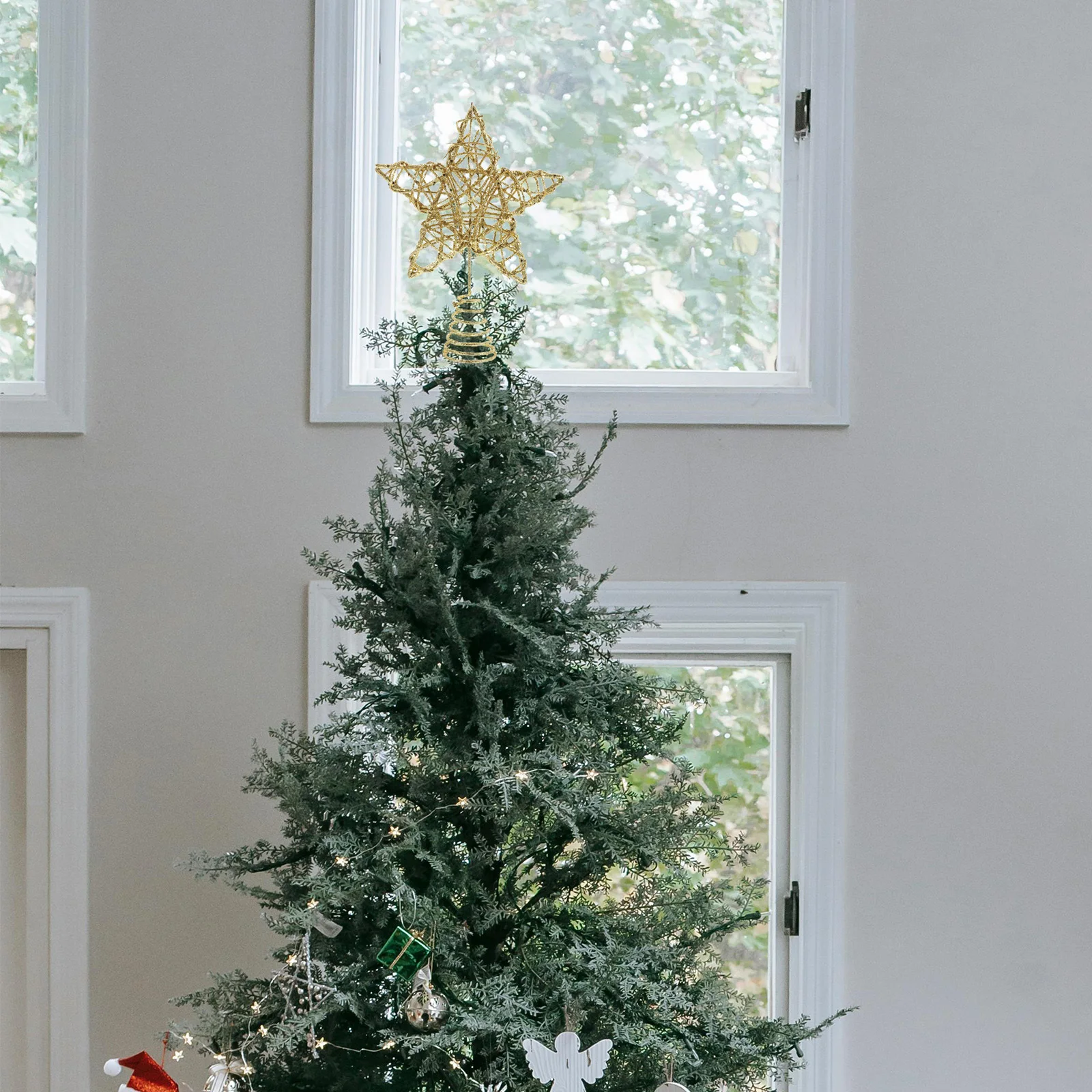 

Golden Glitter Christmas Tree Topper Five Pointed Star Rattan Wrought Iron Holiday Decoration Sparkling Xmas Tree Star