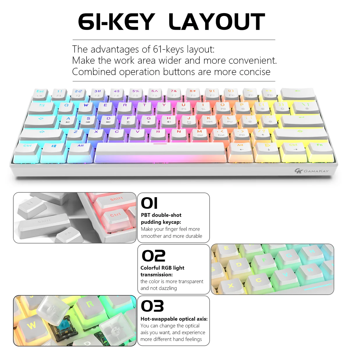 Imagem -03 - Teclado Mecânico com Fio Gateron Optical Switch Pudim Keycaps Rgb 61 Teclas Teclado para Jogos Hot Swappable Gamakay-mk61