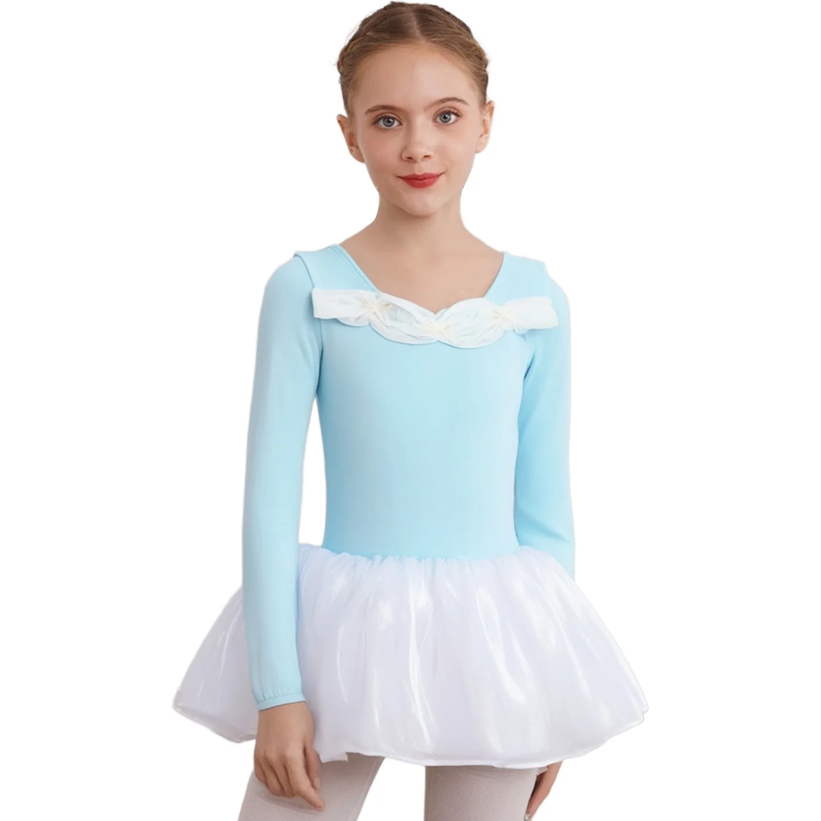 

Children Girls Ballet Dress Cute Bowknots Ruched Long Sleeve Splice Tulle Tutu Dance Dress for Ballerina Competition Performance
