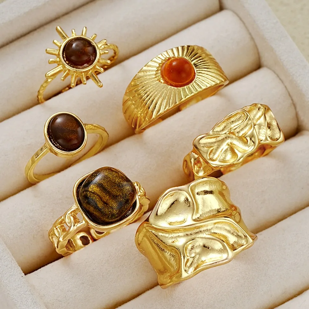 6 Pcs Set Vintage Tiger Eye Stone Ring Set for Women Fashion Gold Color Irregular Sun Flower Open Rings Boho 2026 Jewelry Gifts view 3