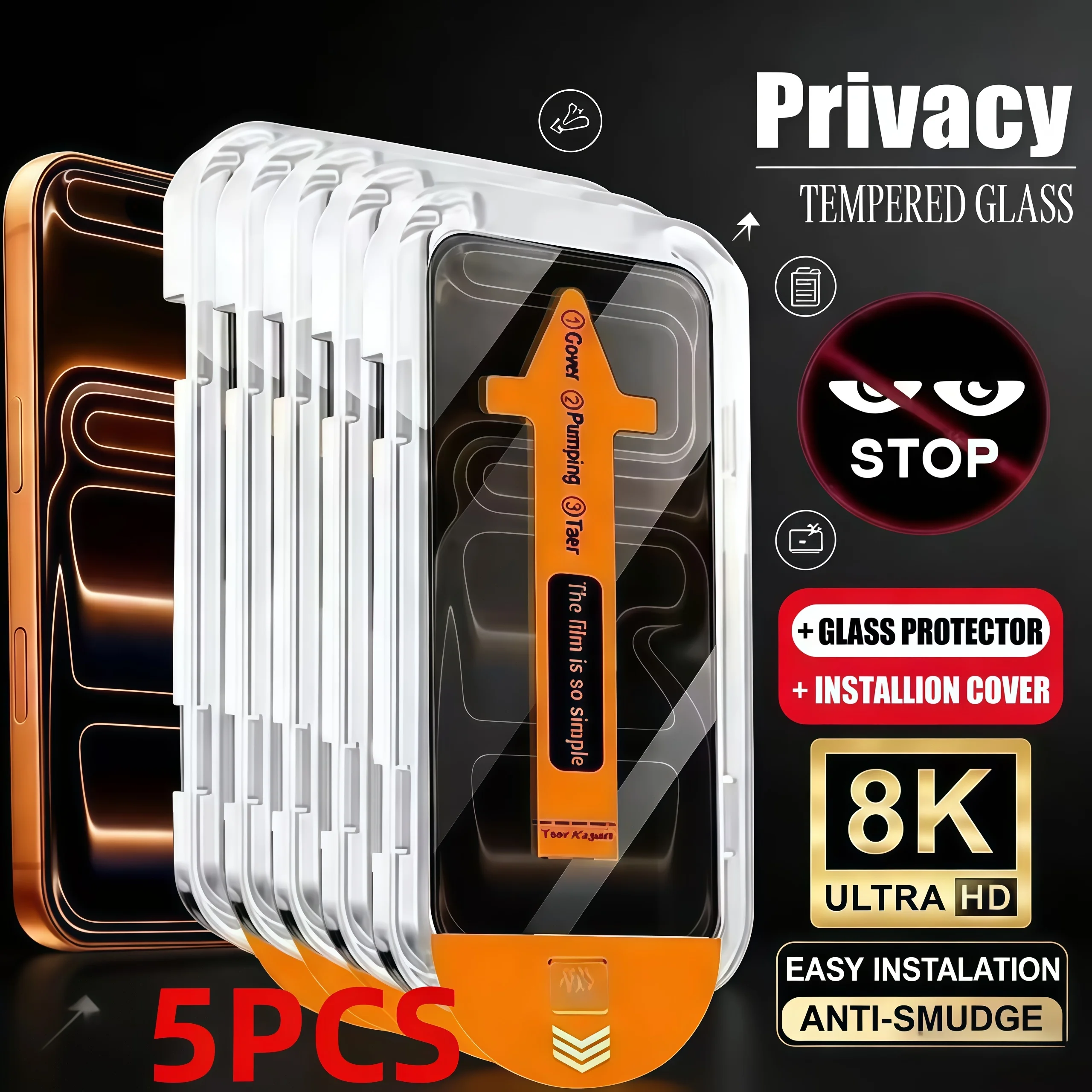 5 stuks anti-spionage gehard glas, stofvrije installatie, beschermfolie voor iPhone 17 16 15 14 13 12 11 Pro Max XR XS 16 15 14 Plus 17 Air