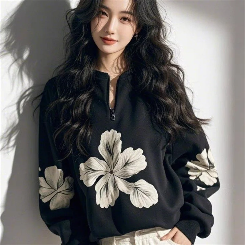 2025 Super beau sweat à capuche Unique noir violet demi fermeture éclair col en v imprimé haut ample femmes printemps automne manteau pull