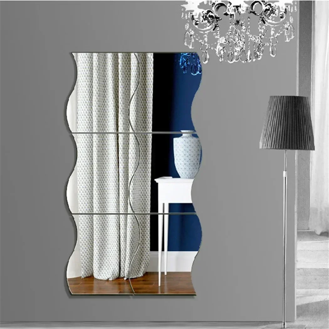 6pcs 3D Wave Adhesive Mirror Decals Wave Shape Mirror Wall Stickers For Living Room DIY Mirror Wall Mural Modern Art Home Decor