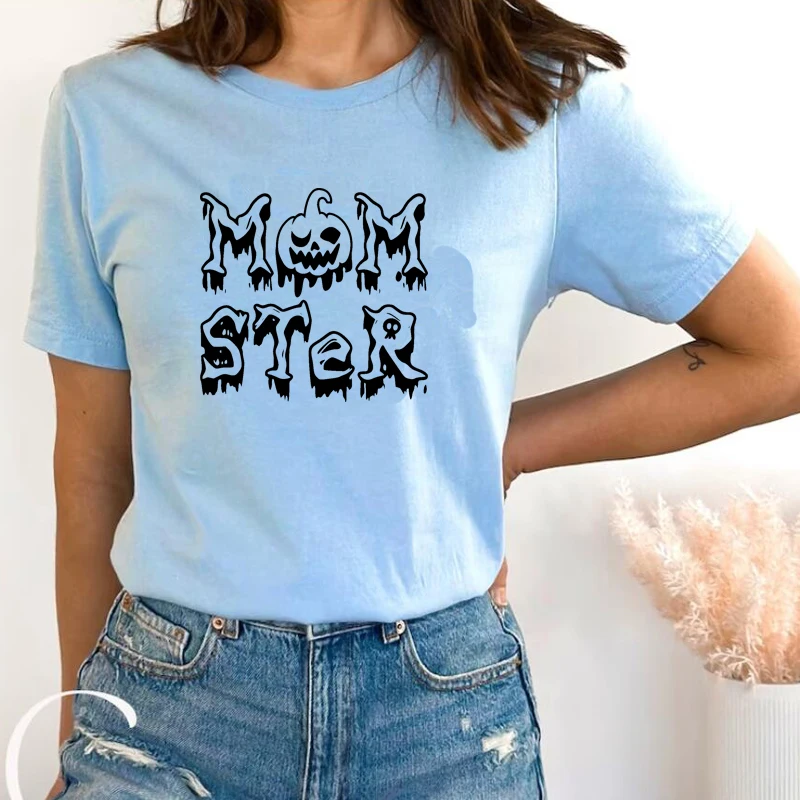 Momster Halloween Pumpkin Women T Shirts Cotton Festival Vintage Clothes Causal Loose Witch Graphic Tee O Neck Mom Life Tshirts