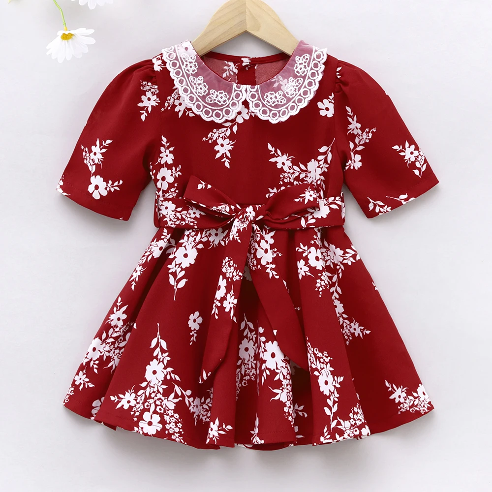 Baby Girl Floral Print Short Sleeves Belted Dress Toddler Kids Lace Lapel Elegant Party Dress