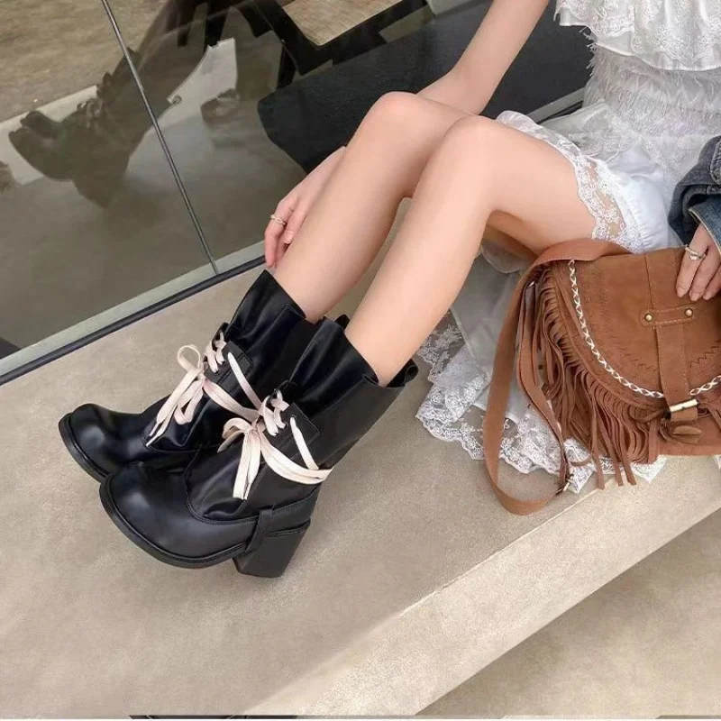 

Retro Chunky Heel Boots 2025 Fall Winter Women's Black Lace Up Mid Calf Edgy Style Slim Fit Fashion Booties