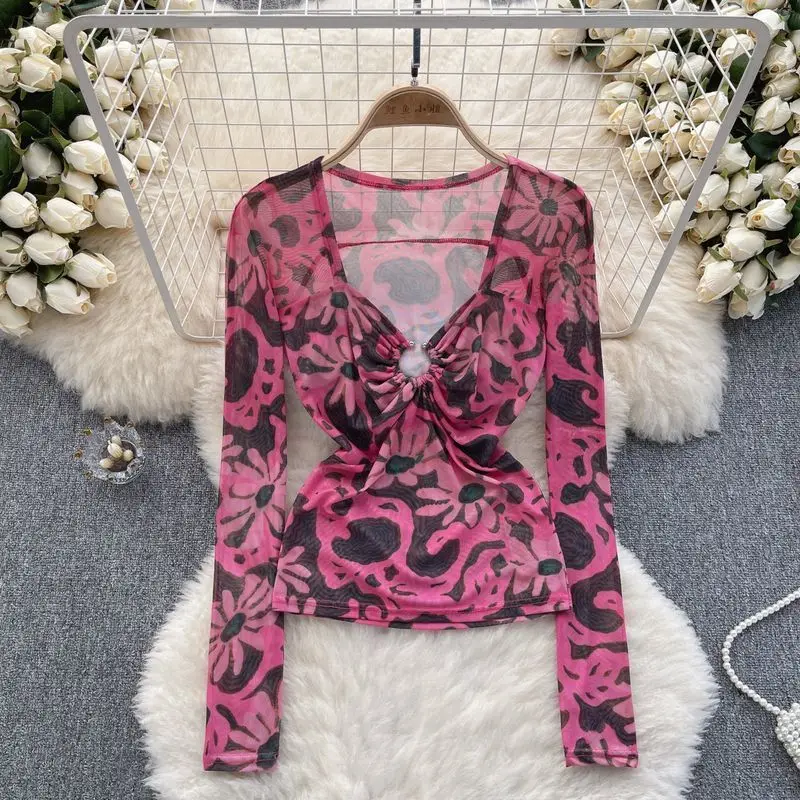 American Style Sexy Thin Net Yarn Printing Long Sleeves T-shirt Women Spring New V-neck Slim Pure Desire Square Neck Hip Tops