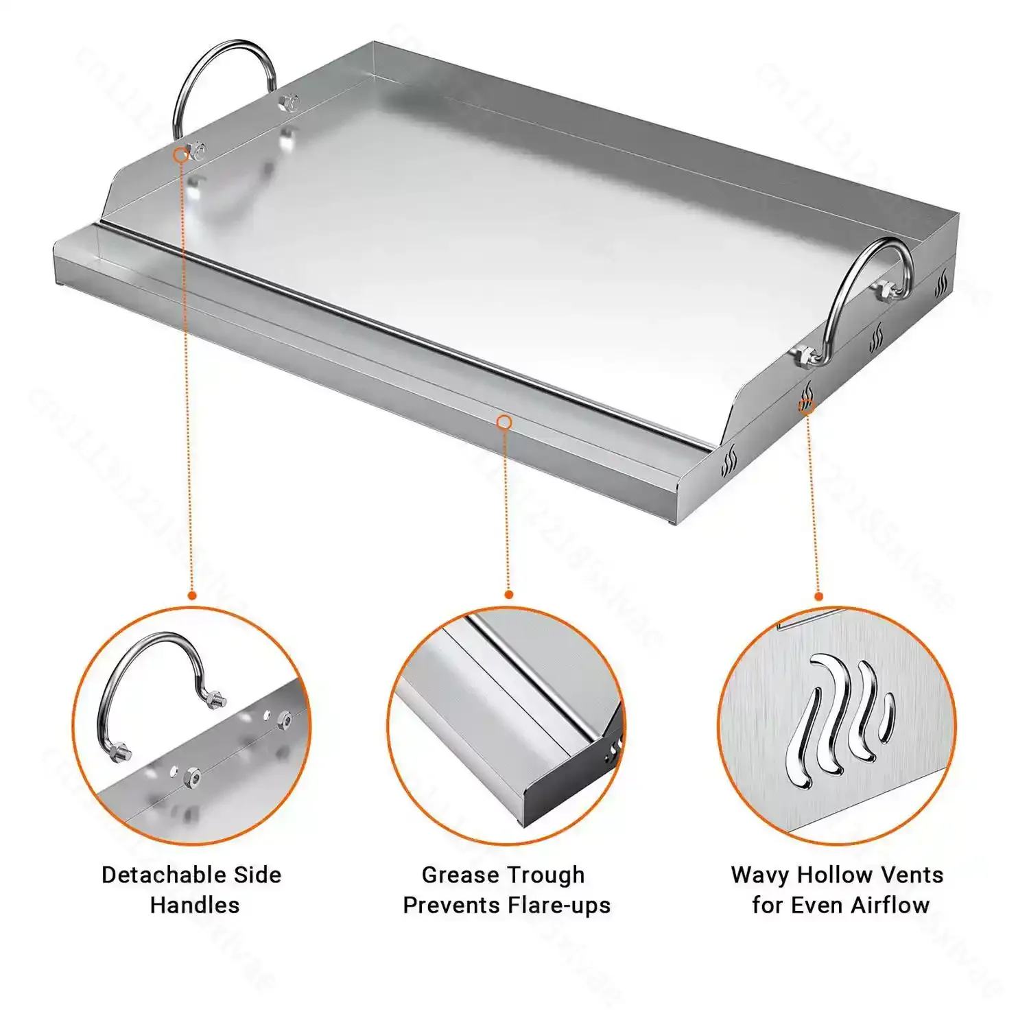 Stainless Steel Flat Top Grill Insert Plate with Grease Slots & Handles, Universal Replacement BBQ Grilling Plate
