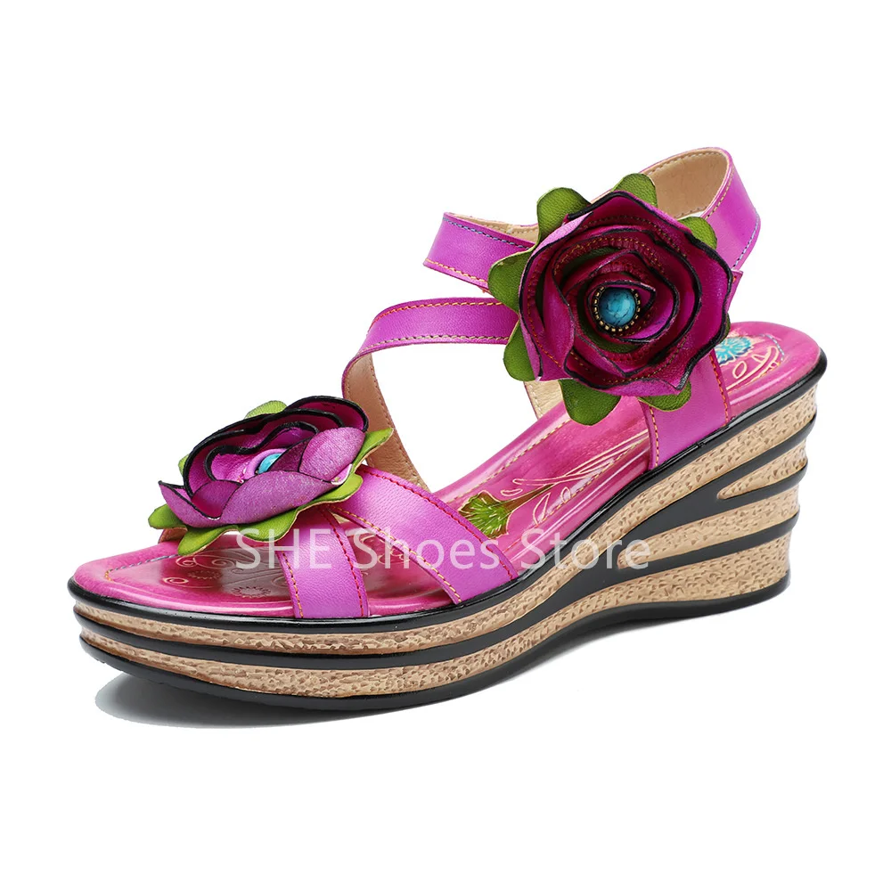 

Three-Dimensional Flower Decor Women Wedges Sandals Fashion Mixed Color Peep Toe Hight Heels Shoes Ladies Totem Print Pumps