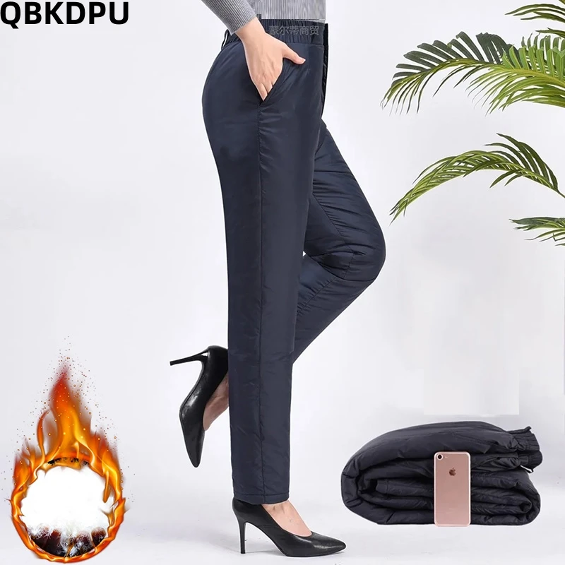 Mom Warm Winter Straight Dube White Down Pants Plus Size Fashion Pantalones Casual Thickened Trousers Women Solid Color Pantalon