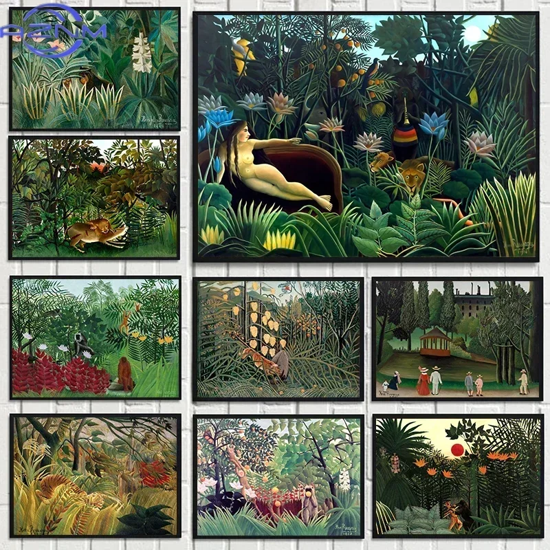 Vintage Henri Rousseau Tropical Jungle Animals Forest Poster Canvas Painting Botanical Wall Art For Living Room Home Decor