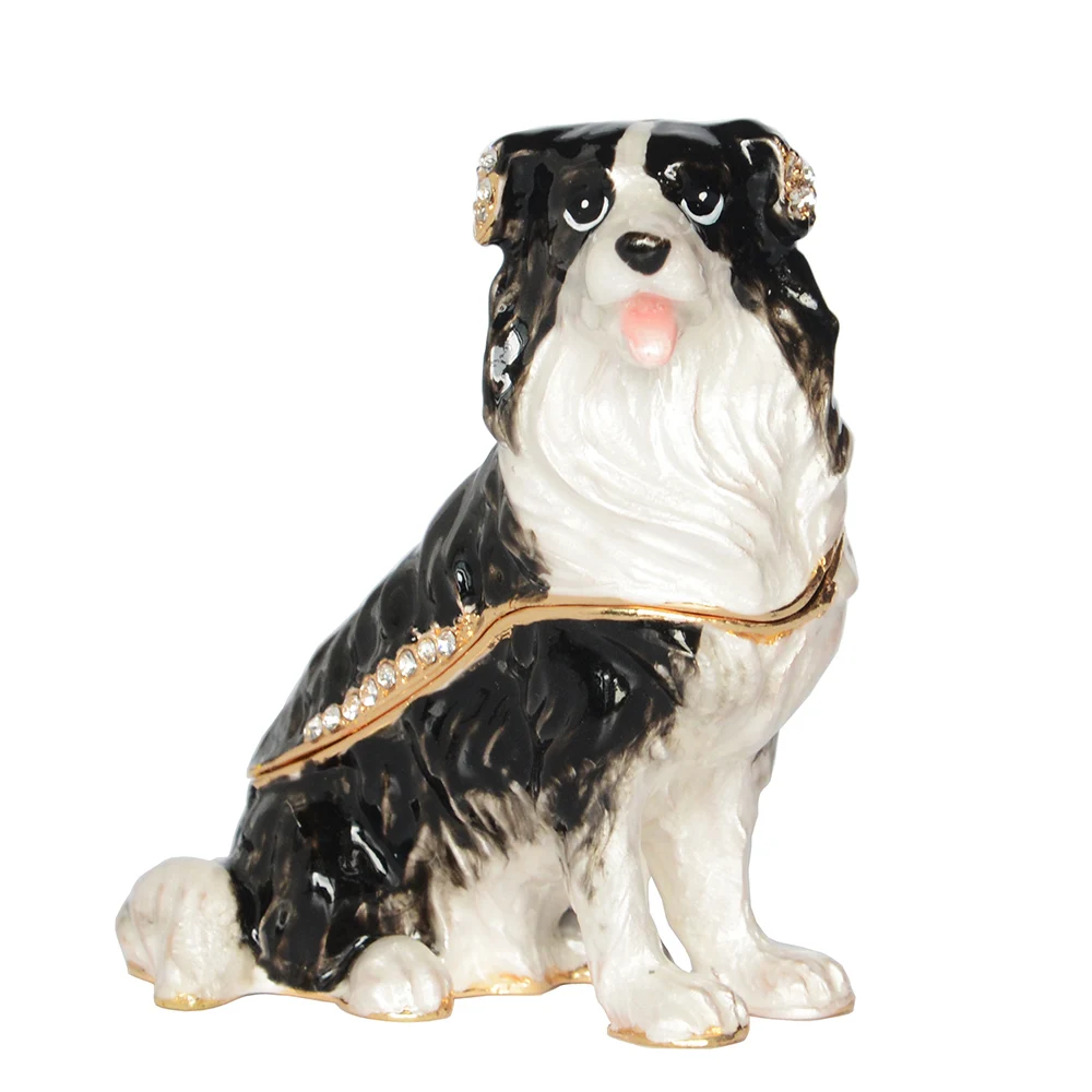 Border Collie-joyero con bisagras y joyas, escultura de perros en miniatura, regalo de cumpleaños