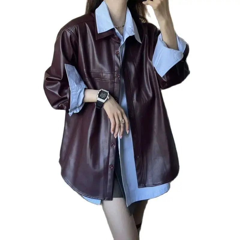 

Grape Purple Leather Fashion Coat Female 2024 Spring And Autumn New Retro Jacket Joker Casual Two-piece Shirt Female Tide.