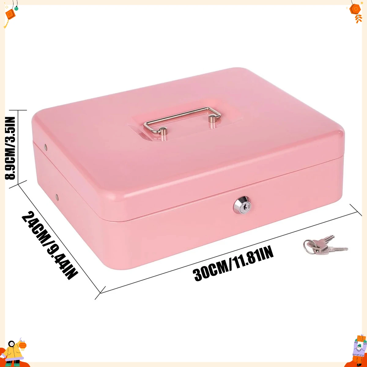 Lockable metal cash box with built-in money tray dividers, large size, suitable for cash storage at the checkout counter.
