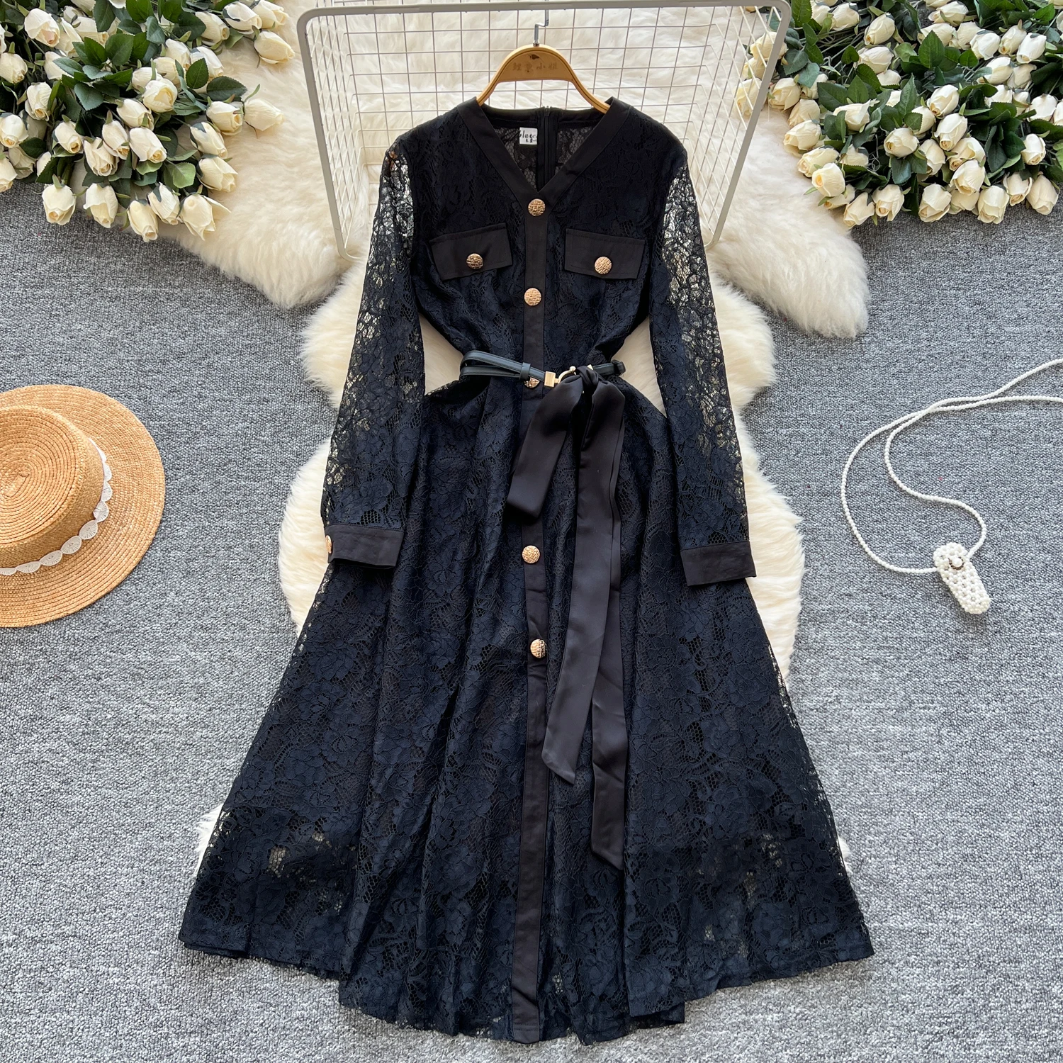 Elegant Long Sleeve Vintage V-neck Chic Metal Buckle Bandage Lace Slim Long Dresses Streetwear High Street Autumn Women Clothing