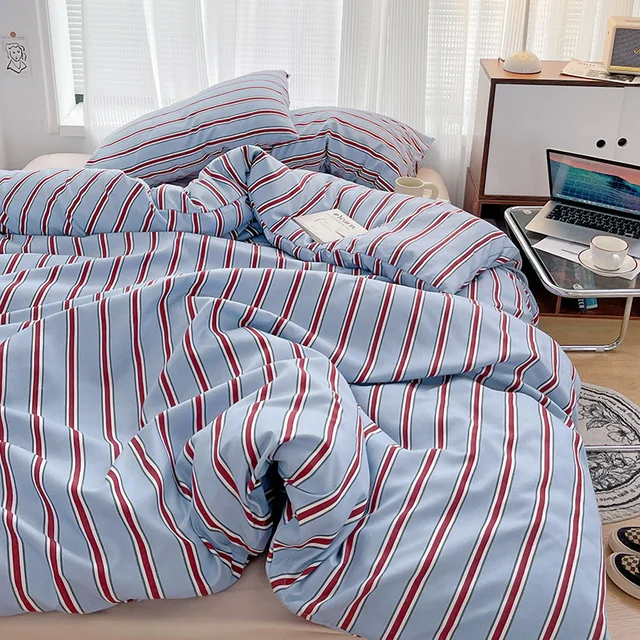 Simple Red and Blue Striped Duvet Cover and Four Piece Bed Sheet Set with Washed Cotton Bedding on the Bed 5