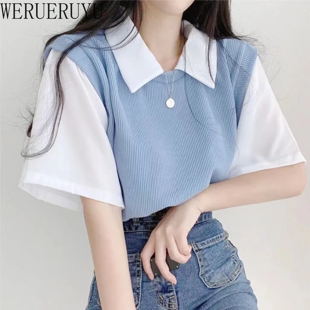 Summer POLO Collar T-shirt Short Sleeve Y2k Top Womens Clothes Korean Fashion Youth Casual Loose Knitted T-shirts for Women 2024