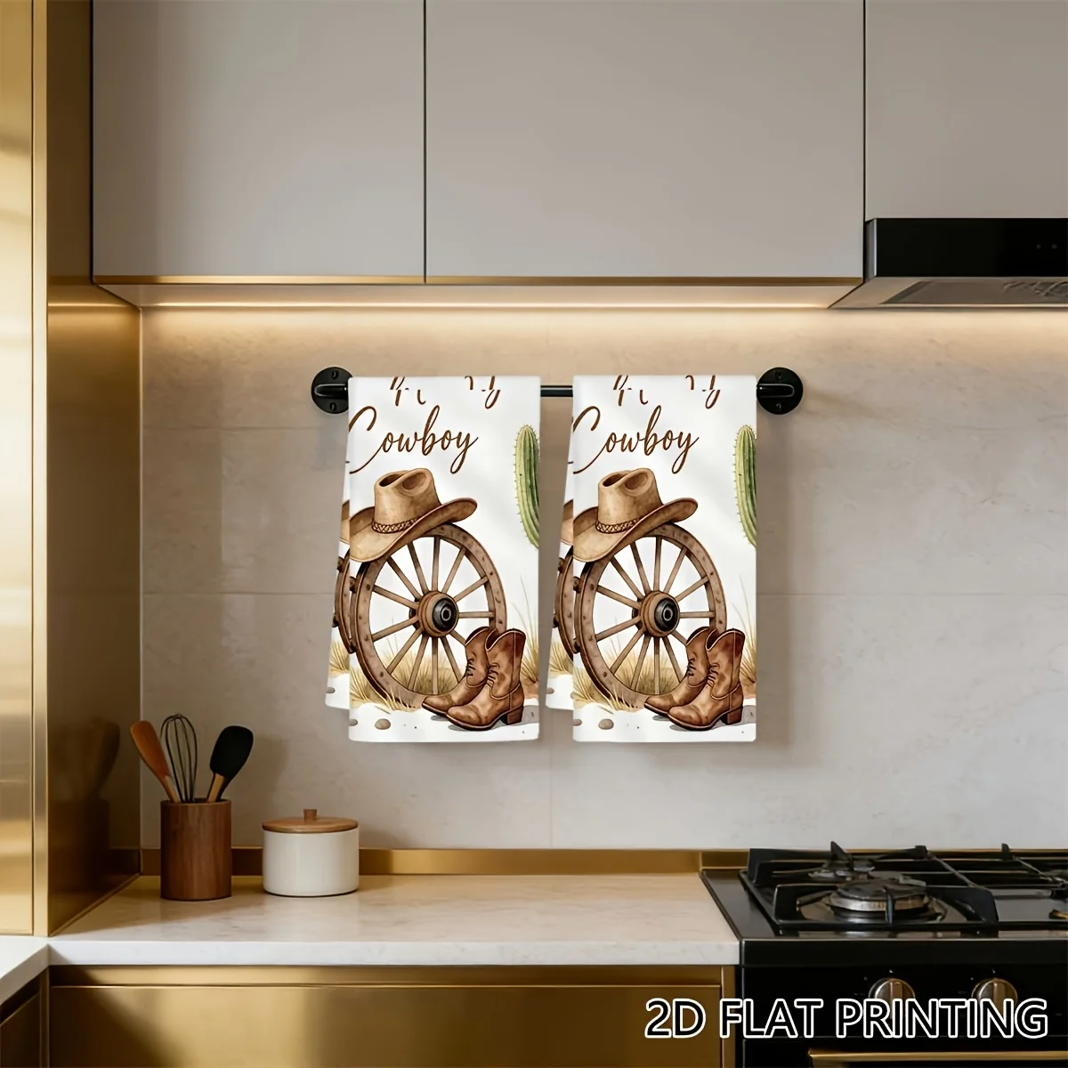 2Pc stylish kitchen towel cover, Western Desert denim pattern, dishcloth for drying, baking, cooking, cleaning