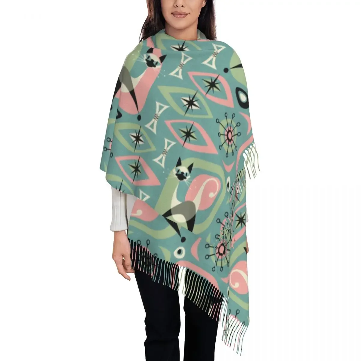 Personalized Print Atomic Age Mid Century Siamese Cat Scarf Women Men Winter Fall Warm Scarves Abstract Geometric Shawl Wrap