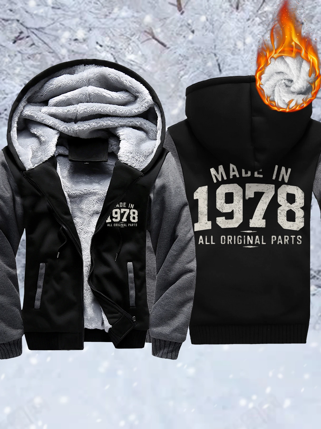 

Made In 1978 All Original Parts Pattern Mens Fleece Pocket Jackets Warm Basics Coat Thicken Comfy Outwear Winter Zip-Up Hoodie