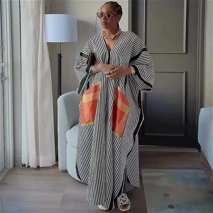 

Long Dress Women Dresses Striped Vestidos Maxi Y2k Streetwear V Neck Full Sleeve Casual Loose Elegant Splice Party Night Work
