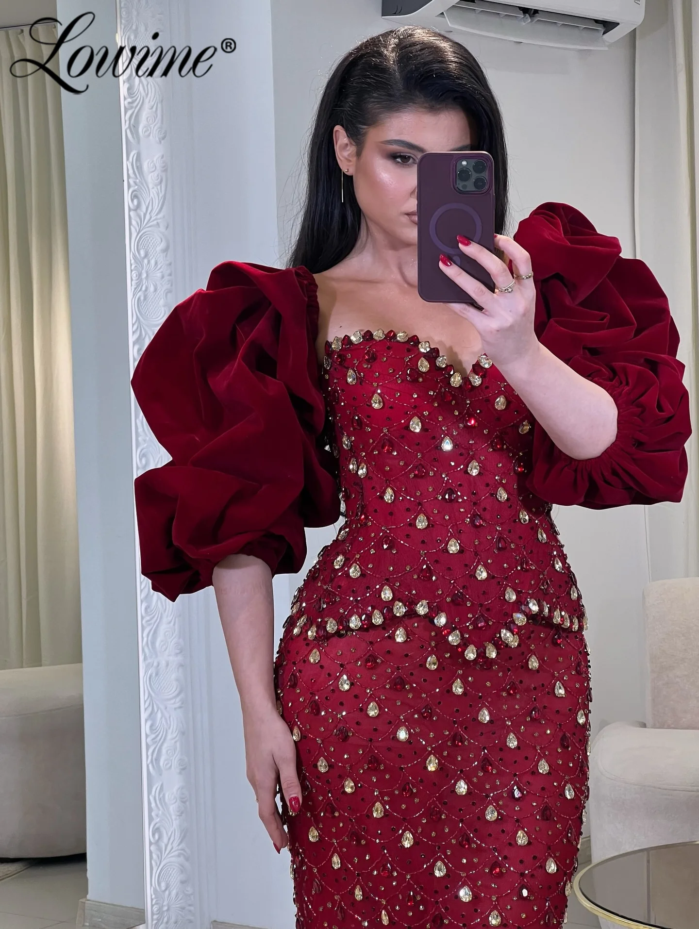 2026 فستان سهرة عنابي كامل كريستال فساتين لحضور الحفلات الموسيقية الطويلة مخصصة نصف كم حورية البحر رداء حفلات عربي رداء السهرة #1