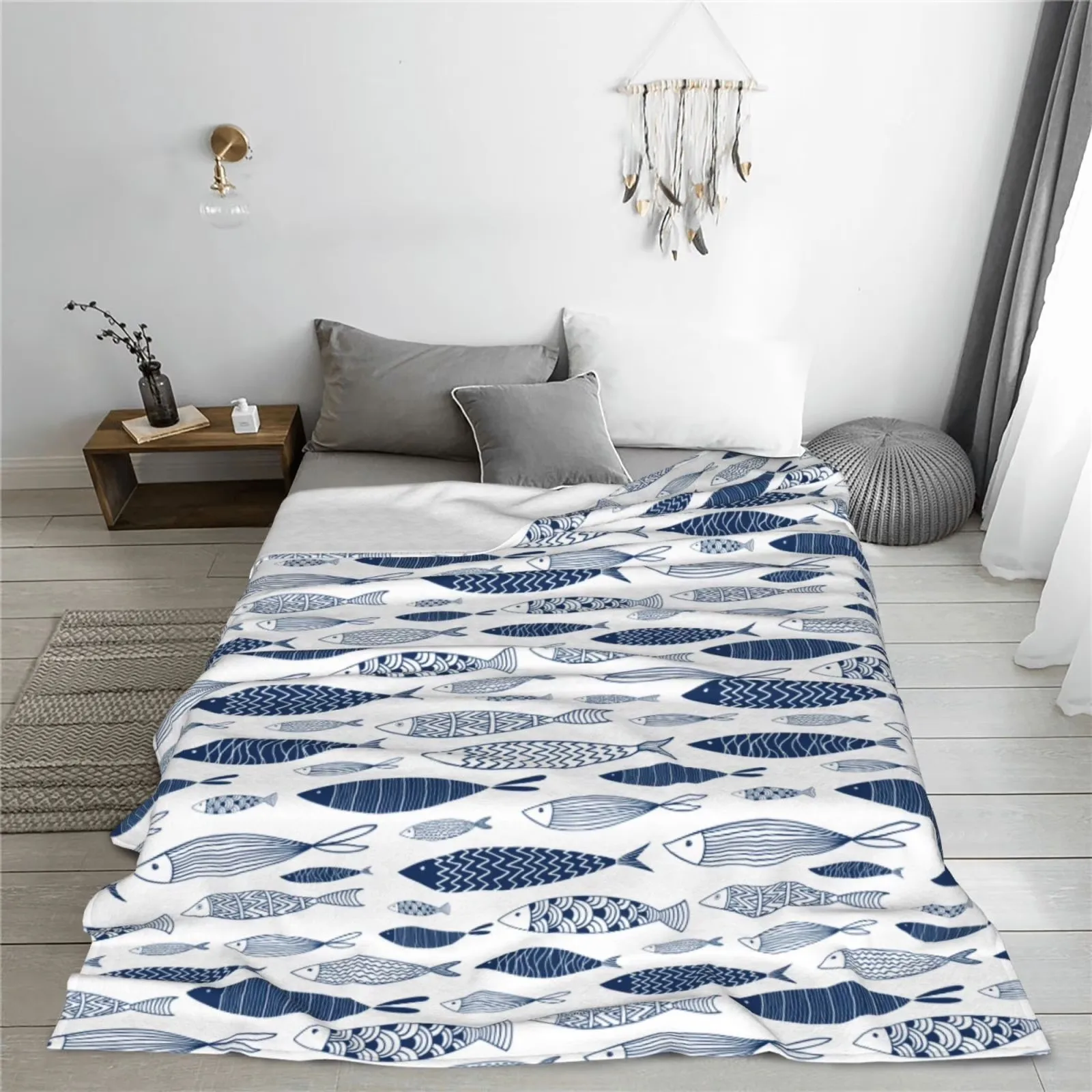 Blue Fish Print Sherpa Fleece Throw Blanket Plush Fluffy Bed Sofa Cozy