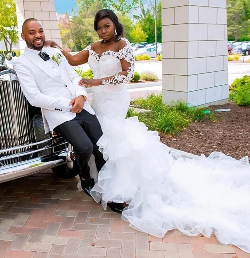 Robes de mariée sirène africaines personnalisées pour la mariée, appliques en dentelle Scoop, volants en organza, patients, quelle que soit la robe, 2025