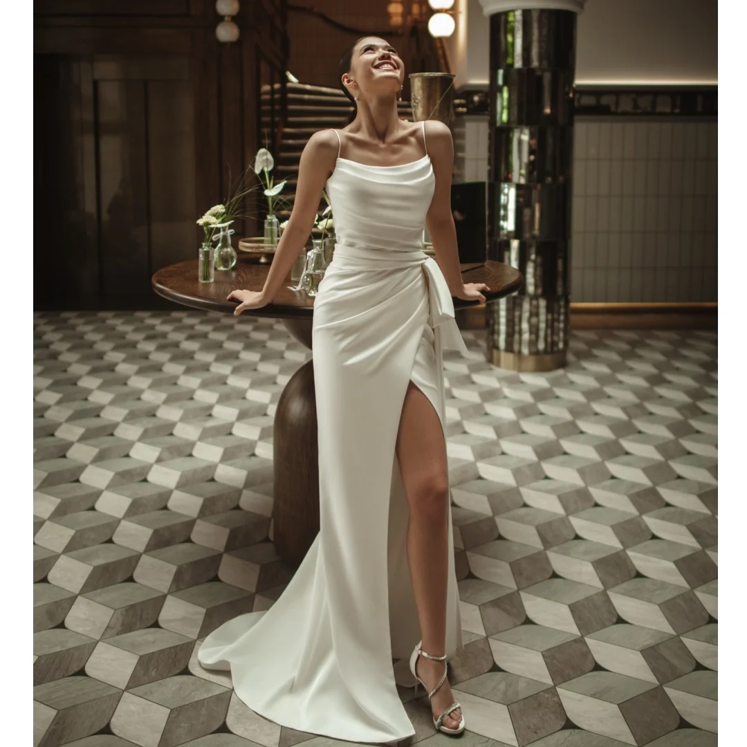 

Mermaid Wedding Dresses Satin Slit Spaghetti Straps Bride Dress Ruched Elegant Engagement Party Gown robe de mariée Customized