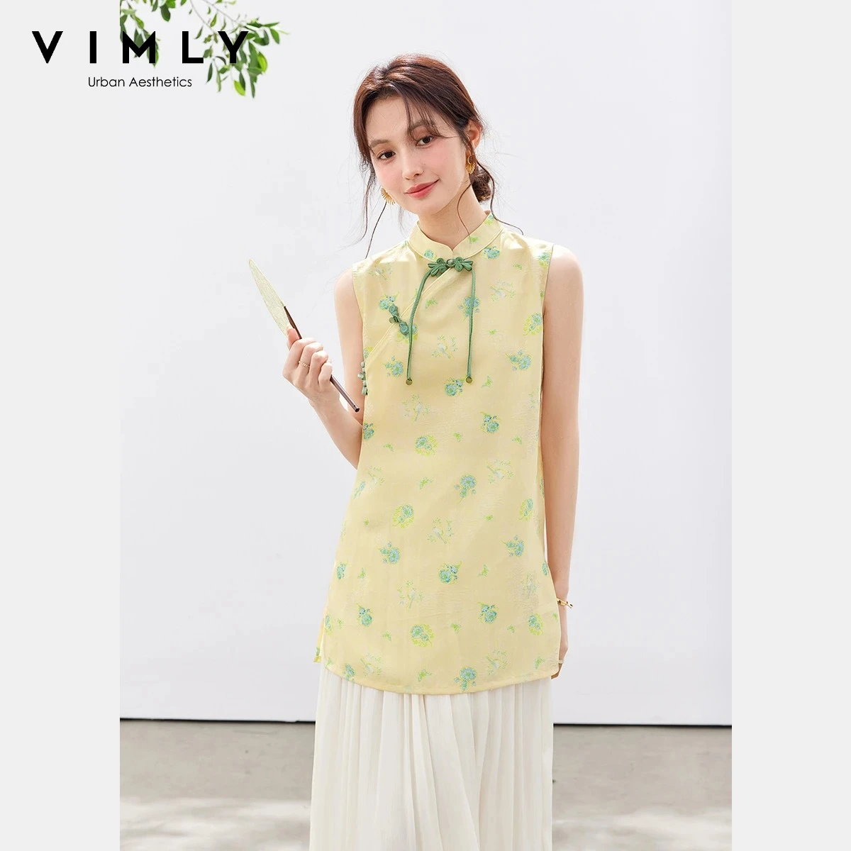 

VIMLY Women's Elegant Floral Sleeveless Blouse 2026 Summer Mandarin Collar Color Contrast Frog Button Casual Long Shirt A6500