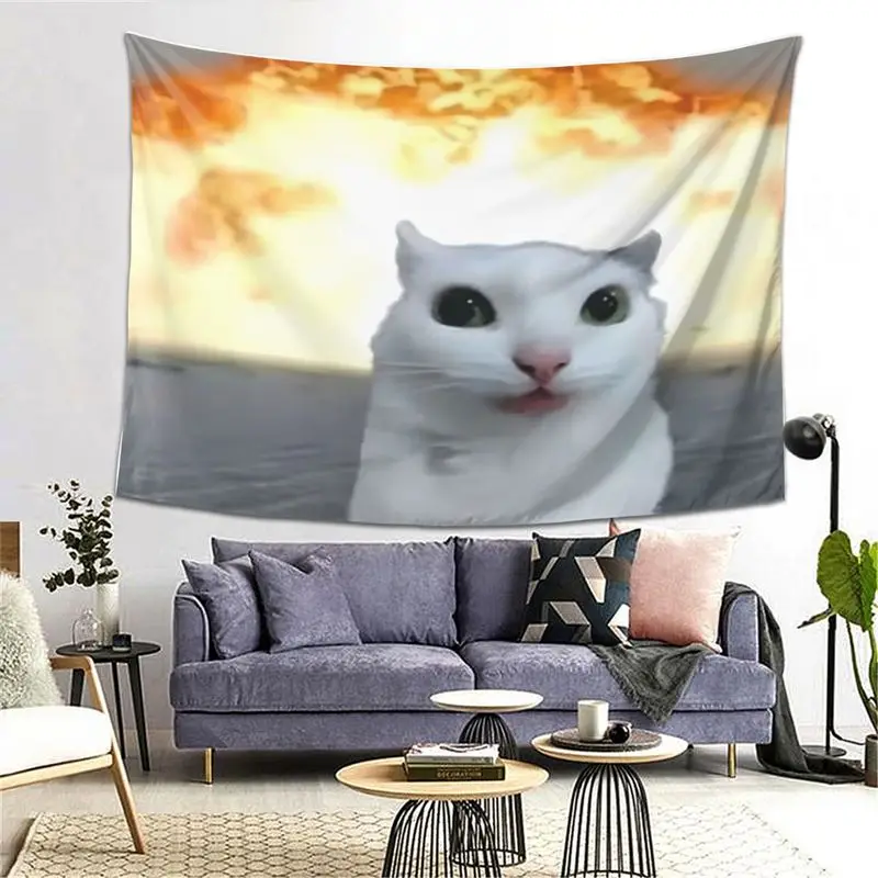 VIKAMA Wall Tapestry Explosion Background Calm White Cat Meme Tapestry Funny Expression Cat Print Print Tapestry Hanging