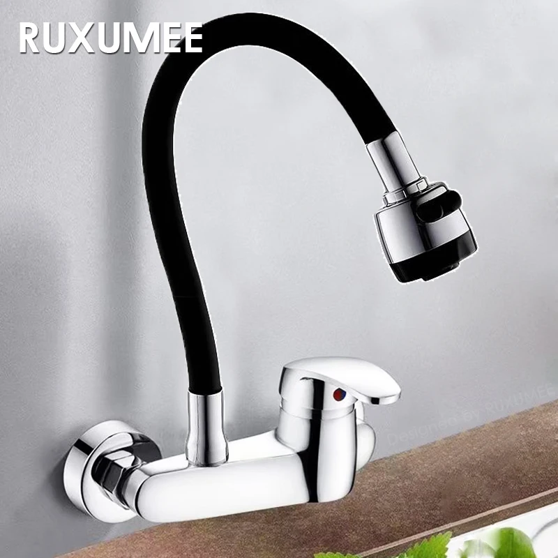 Grifo de cocina montado en la pared, giratorio 360, Flexible, cromado pulido, modos duales, grifos para fregadero de agua fría y caliente, color negro