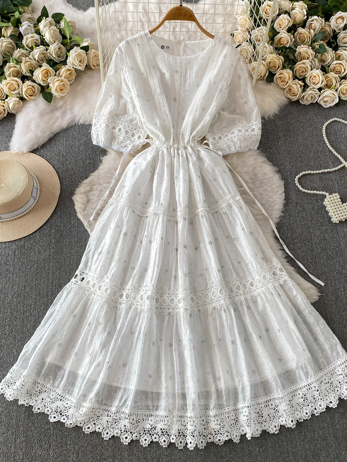 Elegant Embroidered Lace Bubble Sleeve Dress Women's Summer Drawstring Waist Slimming Maxi Skirt Style Commute Fashion
